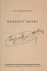 Karlovič, H. Lev [= Holas, Lev Karlovič] – Dvanáct básní (podpis)