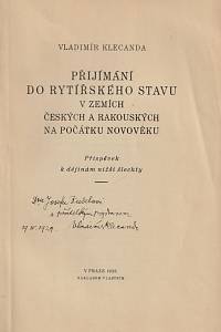 Klecanda, Vladimír – Přijímání do rytířského stavu v zemích českých a rakouských na počátku novověku, Příspěvek k dějinám nižší šlechty (podpis)