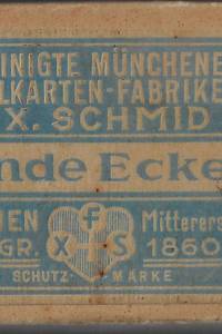 F.X. Schmid, Vereinigte Münchener Spielkartenfabriken, München – Schmid's Feinst Deitsche Spilekarte No. 31,  bavorský vzor, 36 karet, pozůstatky kolku, krabička se závěrečnou známkou